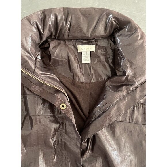 Chico’s 80’s Wet Look Brown Shiny Bomber Jacket Hooded 3/4 sleeve Size 1 / Med - Picture 7 of 12